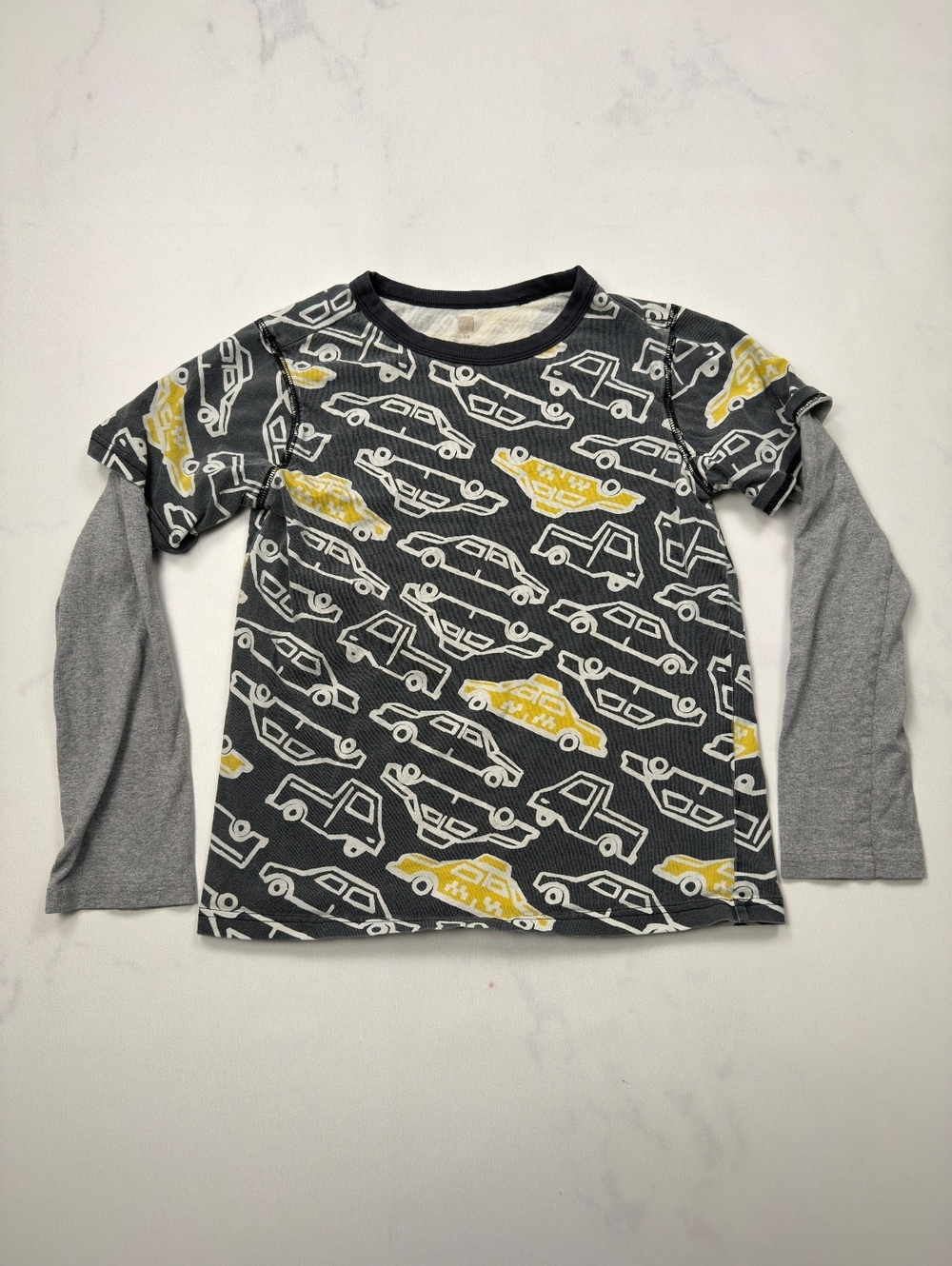 Tea Collection Long Sleeve Layered Look Car Print Shirt Gray Yellow - Boys 14